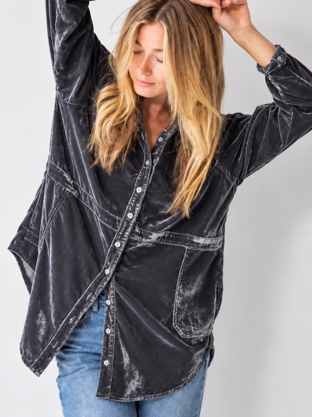 Natural Life Laid Back Velvet Button Down Size XL Slate Grey Boho Tunic Top